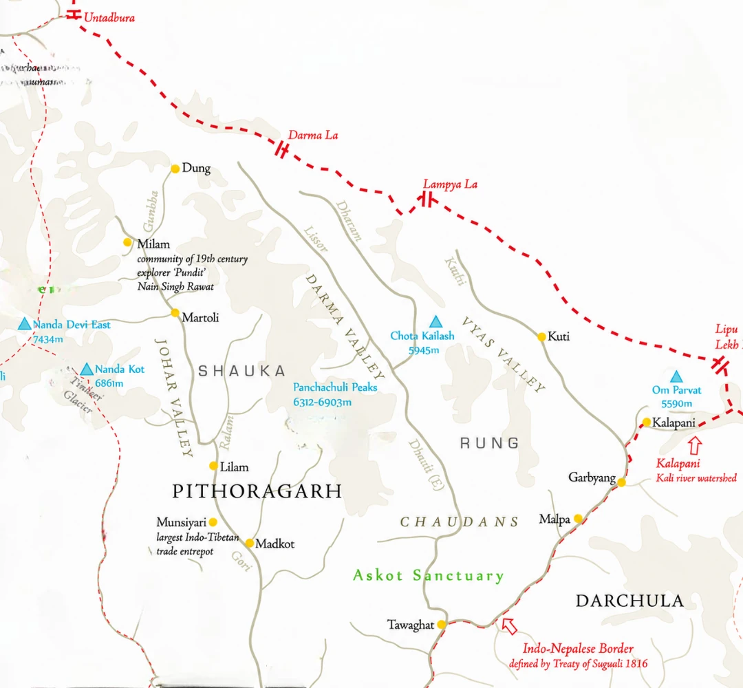 पिथौरागढ़ में आदि कैलाश और ॐ पर्वत क्षेत्र का मानचित्र जिसमें व्यास घाटी, कुटी, कालापानी, प्रमुख दर्रे और अस्कोट वन्यजीव विहार दिखाए गए हैं